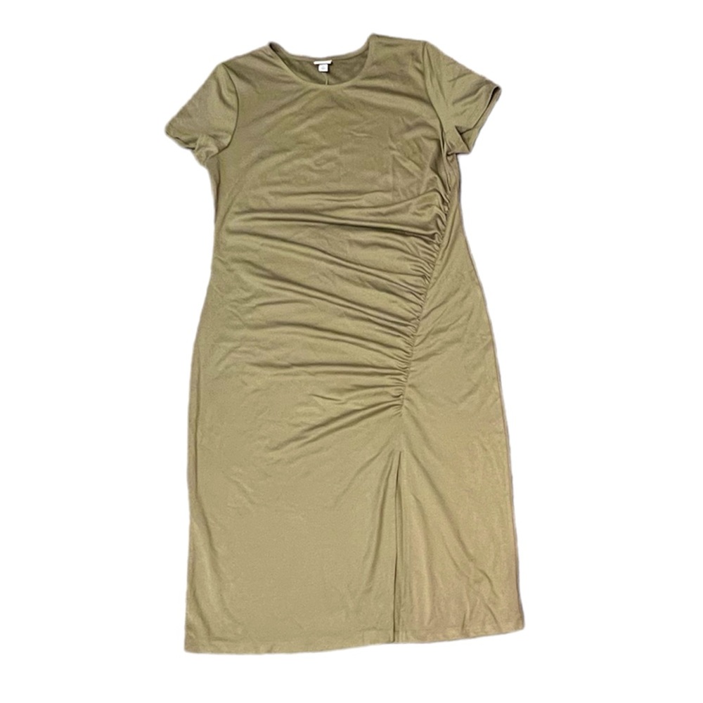Olive Green Short Sleeve Side Ruched Knit Midi Dress XL Side Slit A New Day NWT